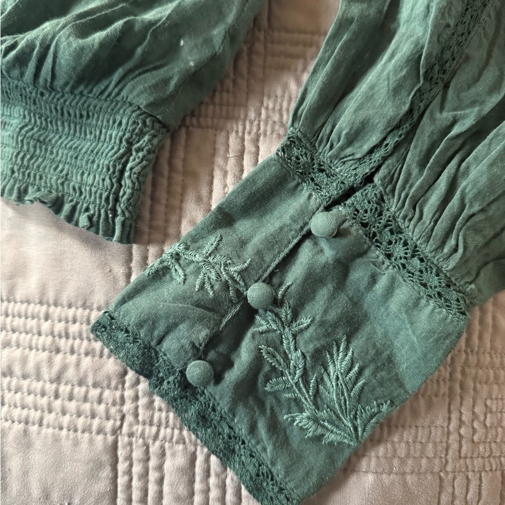 Free People Green Smocked Crop Blouse - Picture 2 of 6